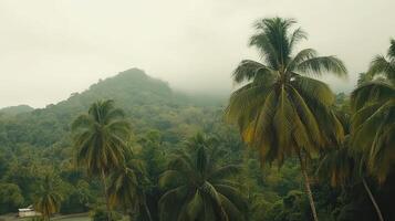 Misty Tropics Palm Trees Frame Lush Mountain Landscape in Hazy Light photo
