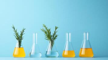 Herbal Science Rosemary Infusion in Lab Flasks on a Clean Blue Background photo