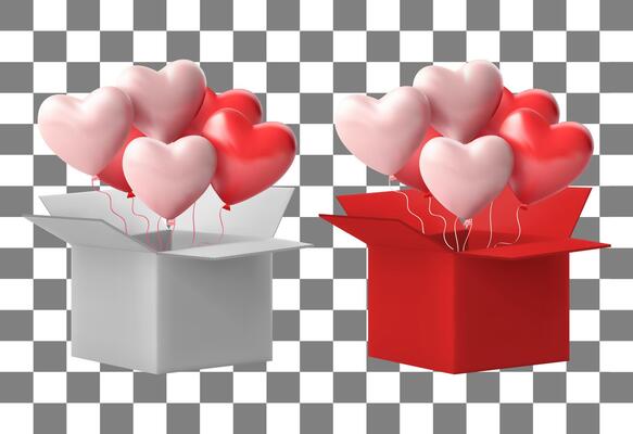 Gift box on background. symbols balloon of love in shape of heart for card design