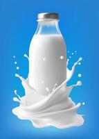 Realistic milk bottle with cream splash, isolated white wave with drops around glass flask with dairy product. 3d fluid with splatters, liquid milky flow stream, calcium food vector