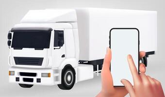 Mock up of a smartphone in a man's hand. Against the backdrop of trucks Gradient Mesh vector