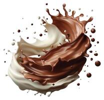 Milk and chocolate splash swirls and flow. Realistic with cocoa and milky waves with drops. isolated on white background. vector