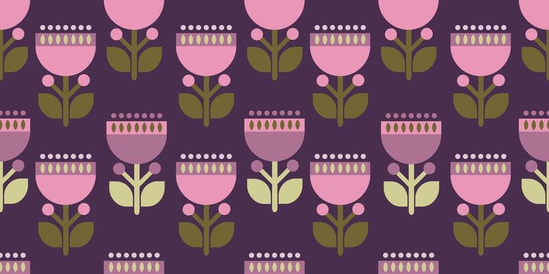Modern retro seamless pattern of geometric flowers. Pink, green, purple, violet, colors. Design for banner, fabric, print, textile, wallpaper.