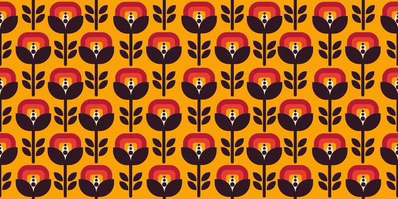 Colorful folkish retro seamless pattern of geometric flowers. Design for banner, flyer, print, poster, wallpaper, fabric. Orange, red, and black colors.