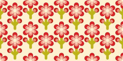 Modern retro seamless botanical pattern of geometric flowers in red on beige background. Design for banner, fabric, print, textile, wallpaper. vector