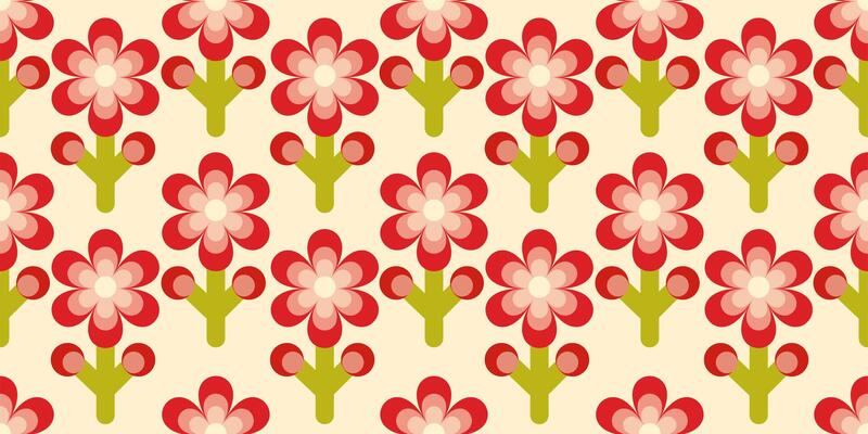 Modern retro seamless botanical pattern of geometric flowers in red on beige background. Design for banner, fabric, print, textile, wallpaper.