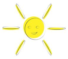 Yellow smiling sun with floating oval rays. vector