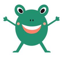 Green frog character with big eyes and cheerful open pose. vector