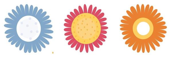 Blue, red, and orange stylized flowers with dotted centers. vector