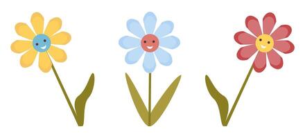 Three colorful flowers with faces and bent stems. vector