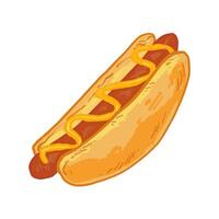 Hand-drawn hot dog with a grilled sausage in a bun, topped with mustard. Bright and colorful fast food illustration in cartoon style. vector