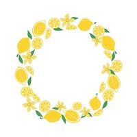 Lemons, round frame with simple abstract fruits. Lemon wreath, empty summer background with space for text. Color flat illustration. Isolated white background. vector
