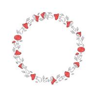 Round frame with abstract mushrooms. Wreath, set fly agaric, mushrooms and leaves. Blank background with space for text. Hand drawn icons, doodle drawings, illustration. vector