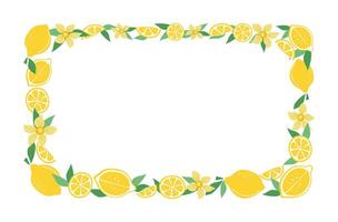 Lemons, frame, simple fruits. Lemon wreath, empty summer background with space for text. Color flat illustration. Isolated white background. vector