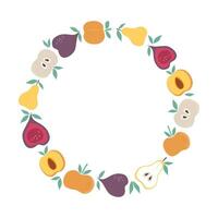 Round frame with simple abstract fruits. Wreath, fruity slices. Empty background with space for text. Apple, pear, fig, peach, leaves. Color flat illustration. Isolated white background. vector