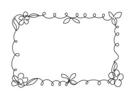 Simple frame, plant border. Flowers, leaves, spirals, lines, curls. Abstract ornament. Drawing, line art. Banner, a place for text. White isolated background. vector