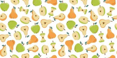 Apple, pear. Fruity seamless pattern. Slices and whole, hand drawn cartoon fruities with leaves. Vitamin natural vegetarian food harvest. Drawing, flat illustration, repeating background. vector