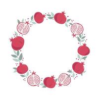 Pomegranate, slices, whole fruit, leaves. Round frame, wreath with space for text. Banner, simple abstract fruits. Vitamin natural vegetarian food. Color flat illustration Isolated white background. vector