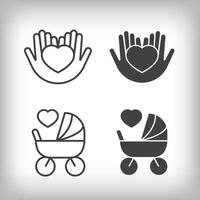 Heart and baby carriage artistic design inside. Simple linear and flat artistic family set vector