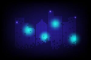 Abstract cityscape made of glowing blue pixels on a dark background, resembling a futuristic digital skyline vector