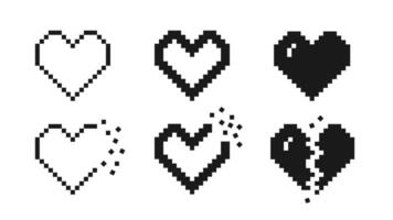 Set of black pixel hearts in 8-bit style. Perfect for retro games or romantic digital designs. illustration vector