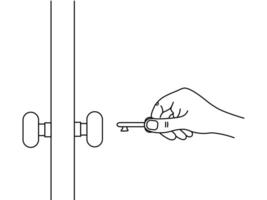 Hand use a key to open door on white background. symbol unlock door. editable stroke illustration EPS 10. vector