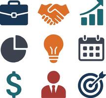 A clean set of business icons showcasing teamwork, leadership, money, goals, and data. Great for apps, slides, websites, and digital business development projects. vector