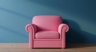 A pink chair sits in front of a blue wall photo