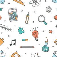 Colored seamless pattern with stationery and items for school, college or university education and scientific research on white background. illustration in line art style for wrapping paper. vector