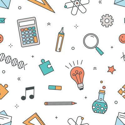 Colored seamless pattern with stationery and items for school, college or university education and scientific research on white background. illustration in line art style for wrapping paper.