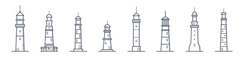 Collection of lighthouses of various types drawn with contour lines on white background. Bundle of coastal towers, buildings or constructions for marine navigation. Monochrome illustration. vector