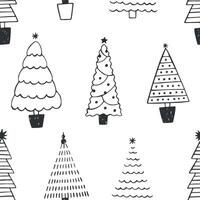 Seamless pattern with different Christmas trees or spruces drawn with black contour lines on white background. Backdrop with coniferous forest or wood. Monochrome illustration in doodle style. vector