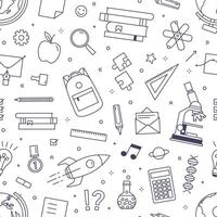 Seamless pattern with school stationery drawn with black contour lines on white background. Backdrop with items for education. Monochrome illustration in linear style for textile print. vector