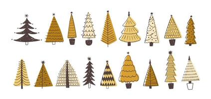 Set of various firs, pines or spruces decorated with baubles. Bundle of winter coniferous forest Christmas trees isolated on white background. Colored holiday illustration in doodle style. vector