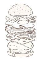 Delicious hamburger with layers or ingredients hand drawn with contour lines on white background. Drawing of burger, sandwich, fast food meal. Monochrome illustration in realistic style vector