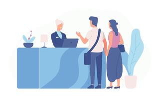 Pair of tourists or travellers standing at reception desk and talking to receptionist. Scene with guests at hotel lobby isolated on white background. Colored illustration in flat cartoon style. vector