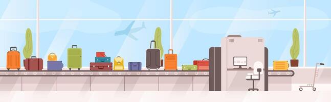 Bags, suitcases on baggage carousel against window with flying aircrafts on background. Device with conveyor belt delivering checked luggage at airport. Colorful illustration in flat style. vector