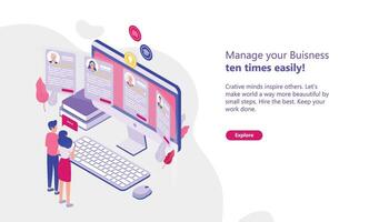 Web banner template with man and woman standing in front of computer display and looking through CVs of job candidates. Concept of HR, personnel hiring and recruitment. Isometric illustration. vector
