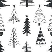 Seamless pattern with various Christmas trees, firs or spruces drawn with outlines on white background. Backdrop with winter coniferous forest or woodland. Naive illustration in doodle style. vector