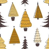 Festive seamless pattern with various Christmas trees, firs or spruces on white background. Colored backdrop with winter coniferous forest or woodland. Naive illustration in doodle style. vector