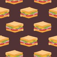 Seamless pattern with sandwiches on dark background. Hand drawn backdrop with appetizing fast food meal or delicious lunch snack. Colorful hand drawn realistic illustration for fabric print. vector