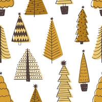 Holiday seamless pattern with different Christmas trees, pines or spruces on white background. Decorative backdrop with coniferous forest or wood. Colored illustration in doodle style. vector