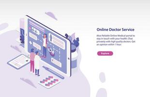 Horizontal web banner template with patient and physician standing in front of giant tablet PC and looking through personal health indicators. Online doctor service. Isometric illustration. vector