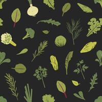 Seamless pattern with green plants, salad leaves and spice herbs on black background. Backdrop with wholesome vegan or vegetarian food. Colored illustration for fabric print, wrapping paper. vector
