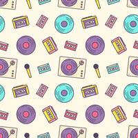 Creative seamless pattern with retro analog music player, cassette recorder, turntable, vinyl disc, microphone on light background. Colorful illustration for wrapping paper, textile print. vector