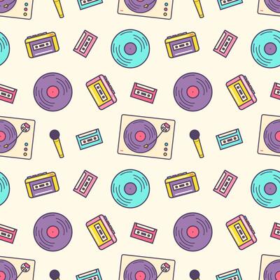 Creative seamless pattern with retro analog music player, cassette recorder, turntable, vinyl disc, microphone on light background. Colorful illustration for wrapping paper, textile print.