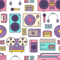 Seamless pattern with retro analog music player, reel-to-reel and cassette recorder, turntable, headphones, microphone, speaker on white background. Colored illustration for fabric print. vector