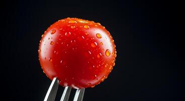 A tomato on a fork with water droplets photo
