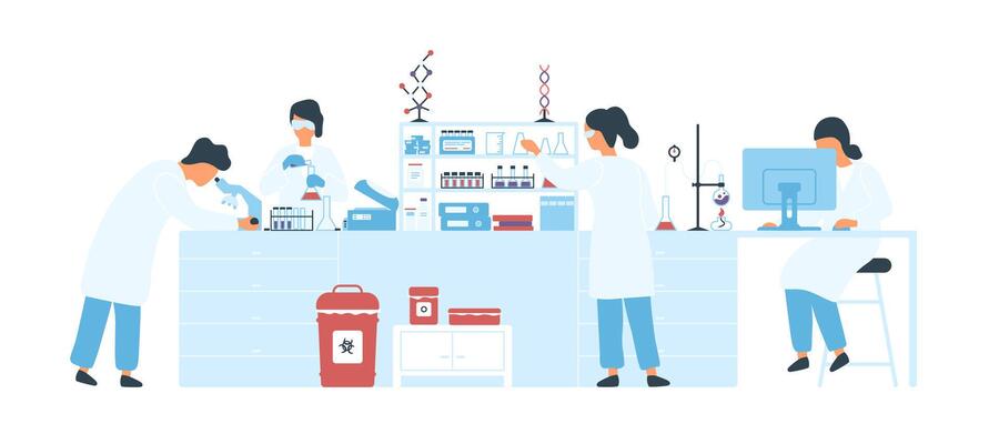Group of scientists wearing white coats conducting experiments in science laboratory. Male and female researchers in chemical lab. Scientific research. Flat cartoon colorful illustration.