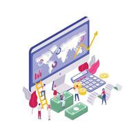 Scene with tiny people walking near computer display with financial analysis, sitting on money banknotes, carrying receipt. Concept of business analytics. Colorful isometric illustration. vector